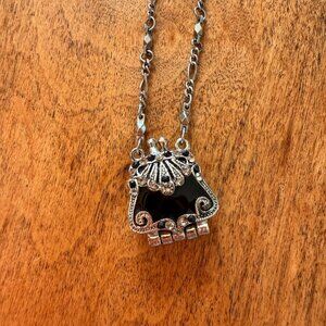 Vintage-Style Black & Silver Tone Purse Handbag Locket Necklace
